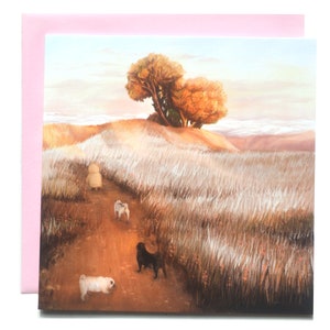 Mops Grußkarte - Pink goldene Stunde Landschaft Künstler Karte - Rehkitz Mops & schwarzer Mops Abenteuer Liebe Grußkarte