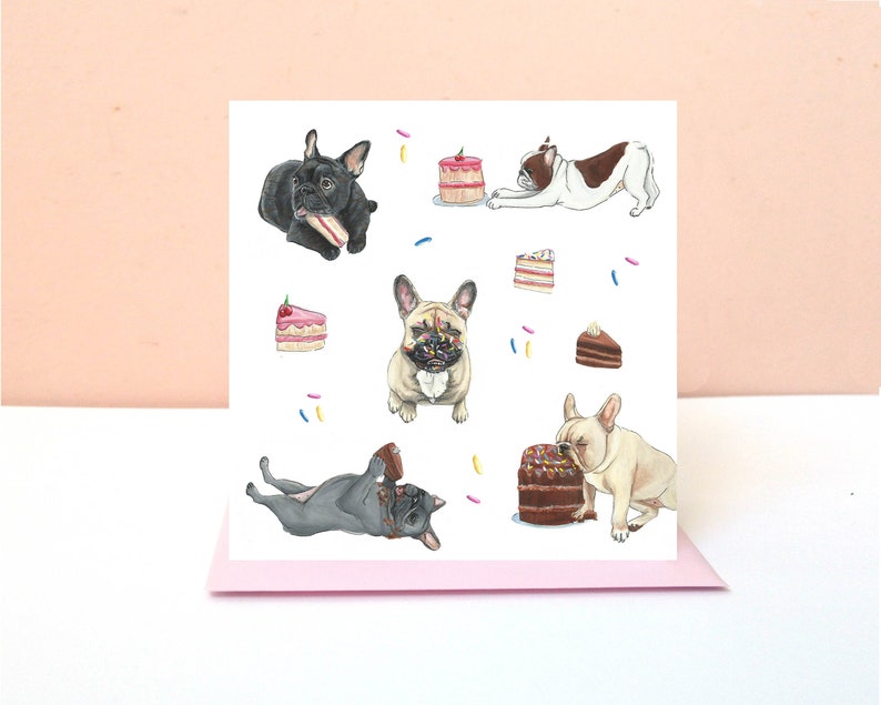 French Bulldog Party Card Frenchie birthday card Dog celebration card Funny bulldog cake eating Illustration greetings dog lover card image 2