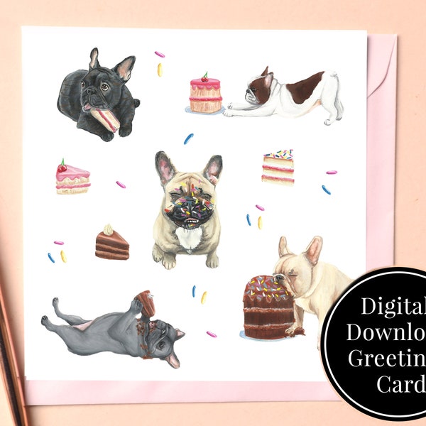 Digital Download French Bulldog Birthday card- Printable frenchie birthday Card- Downloadable Frenchie card- instant download card