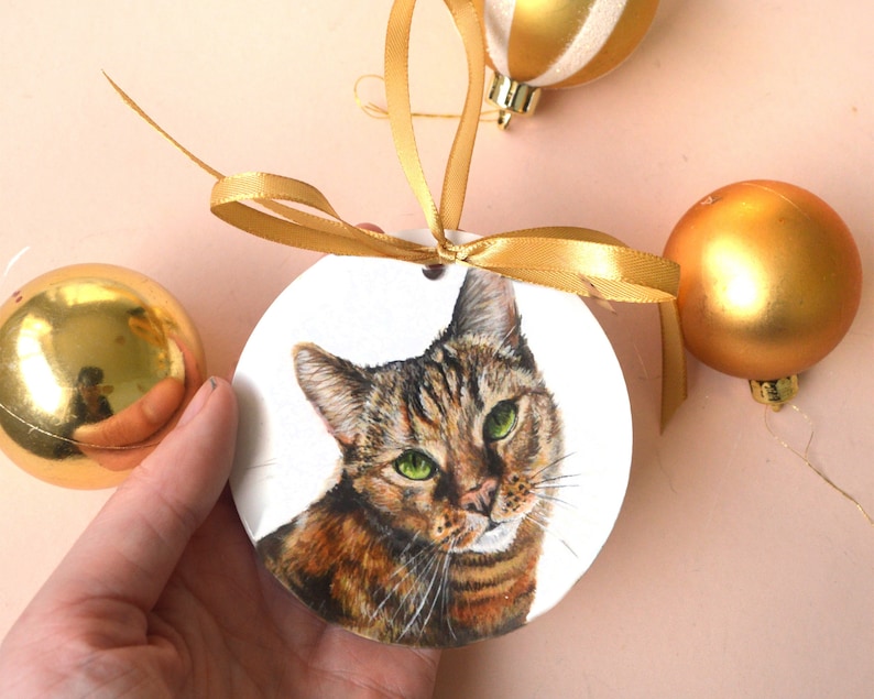 Pet portrait of a tabby ginger cat, with green eyes on a Pink background, with three gold Christmas baubles