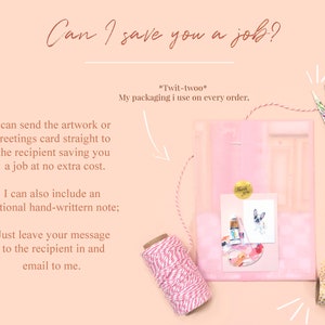 May include: A pink envelope sealed with a gold thank you sticker, featuring a small illustration of a French bulldog and paint supplies. Beside it are pink and white baker's twine, patterned scissors, and gold washi tape on a light pink background.