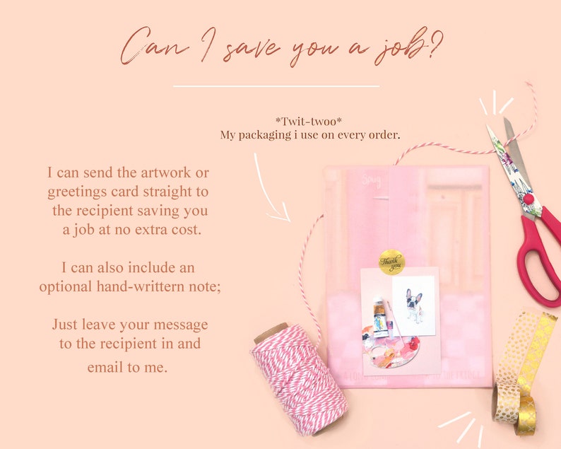 May include: A pink envelope sealed with a gold thank you sticker, featuring a small illustration of a French bulldog and paint supplies. Beside it are pink and white baker's twine, patterned scissors, and gold washi tape on a light pink background.