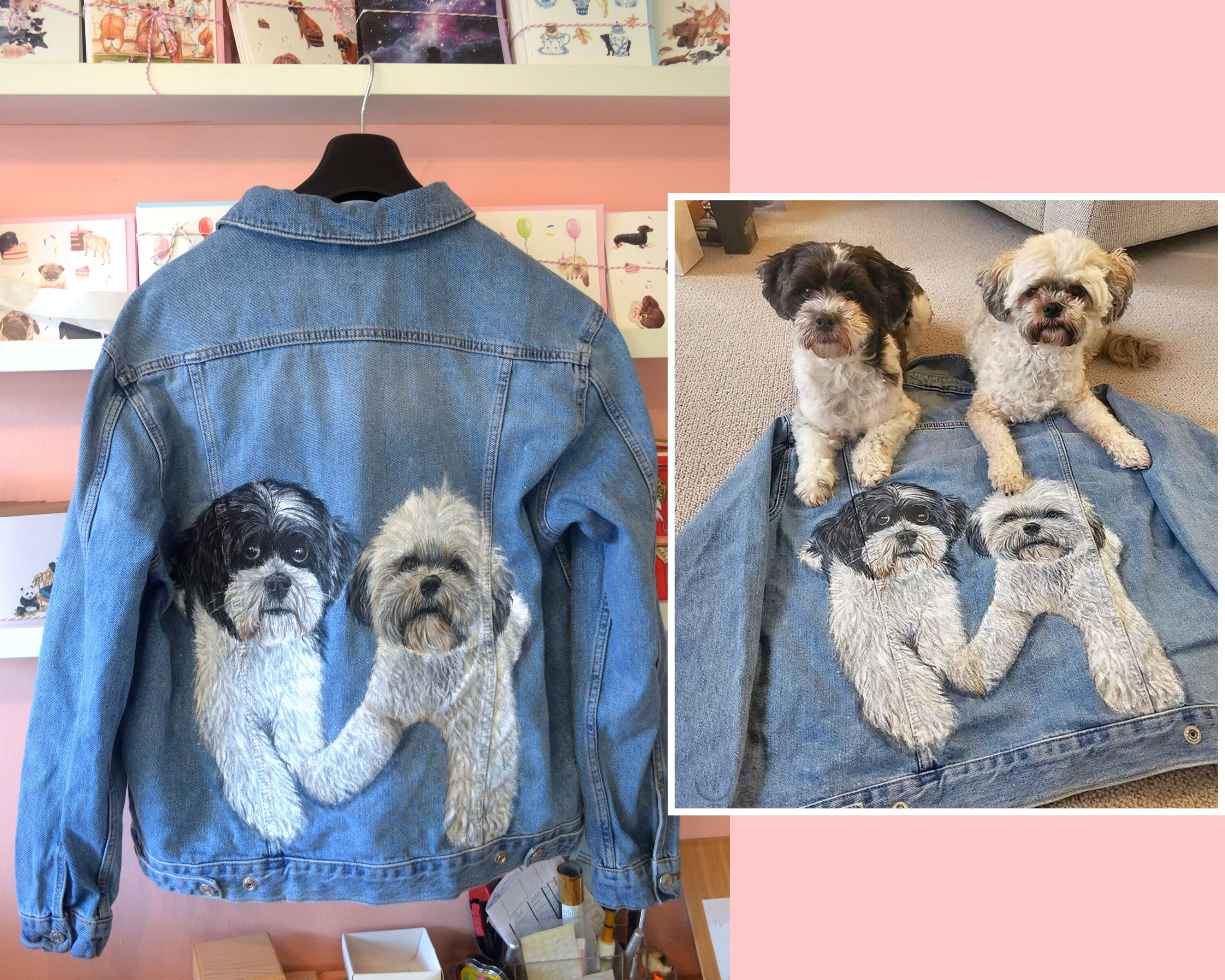 Pet Portrait Custom Denim Jacket- Hand-Painted vintage Adult denim jean Jacket- Paint from photo personalised painted pet design