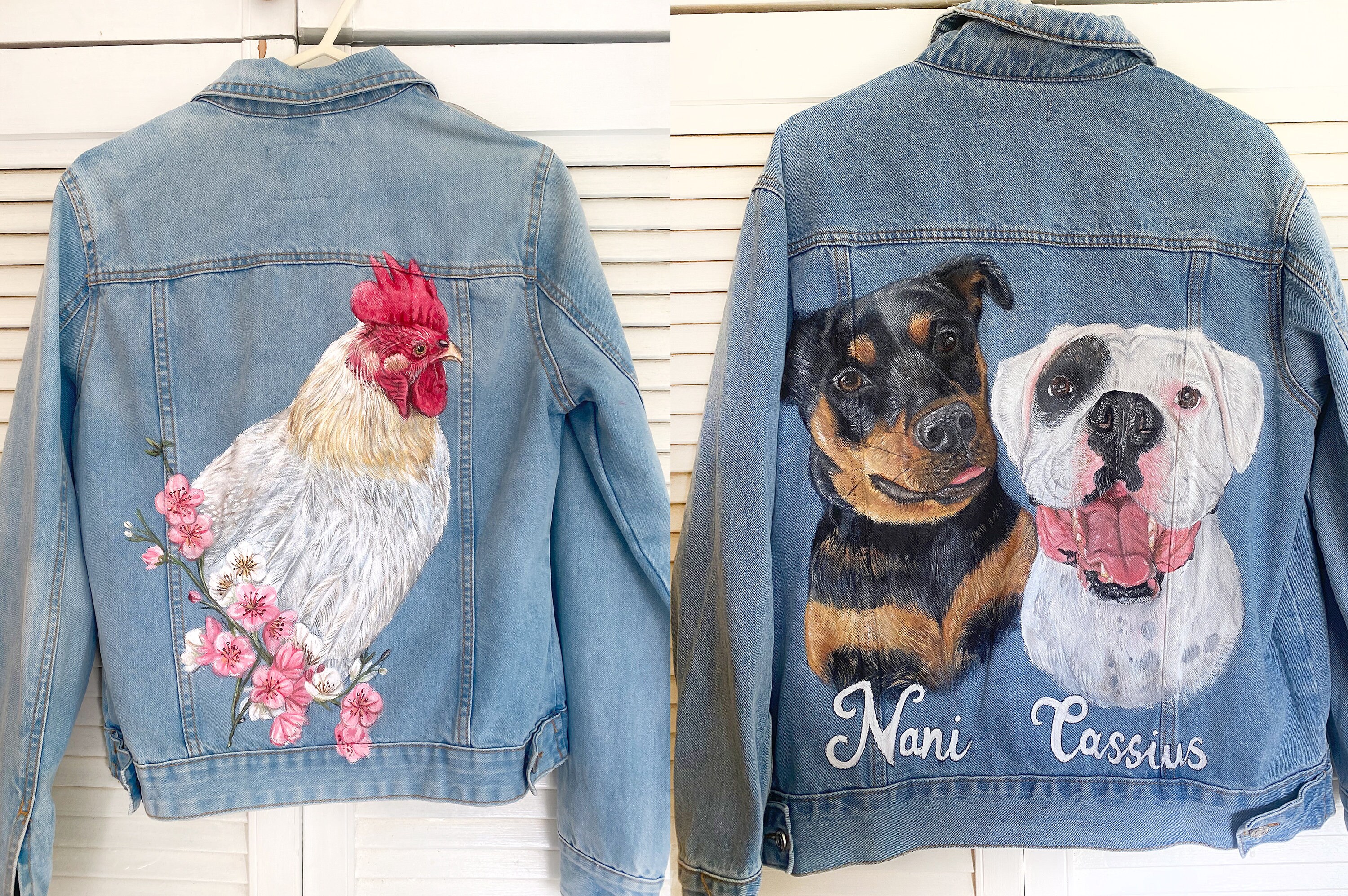 Pet Portrait Custom Denim Jacket- Hand-Painted vintage Adult denim jean Jacket- Paint from photo personalised painted pet design