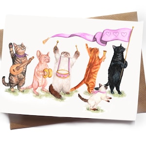 Carte de voeux d'anniversaire de fanfare de chat - carte vierge de kitty illustrée à la main - chats drôles mignons stationnaires, maman de chat joyeux anniversaire