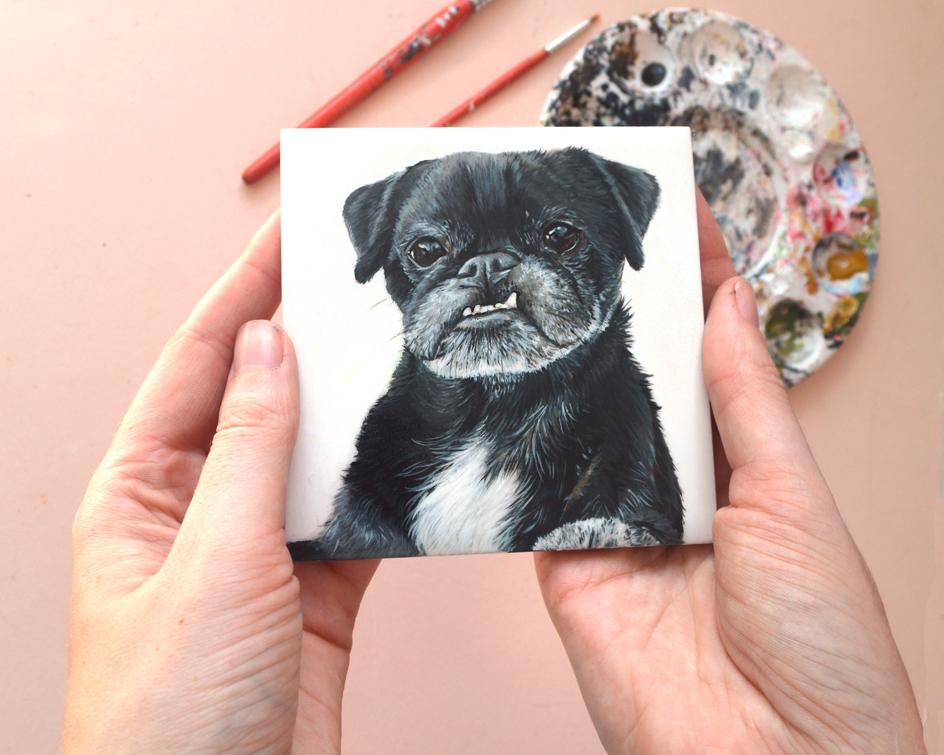 Ceramic Custom Coaster Pet Portrait - Clay Painted Ceramic Drinks 4 X Home Decor- Memorial Gift Loss