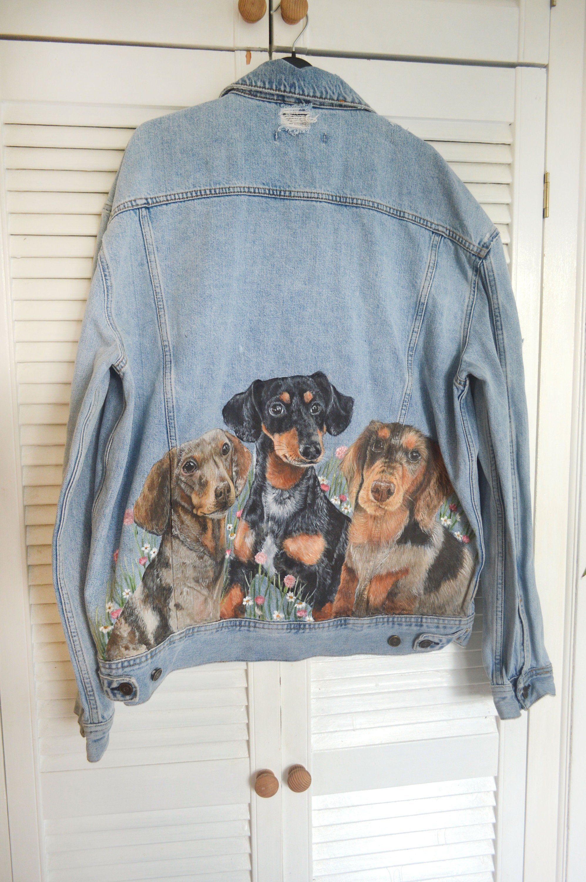 Pet Portrait Custom Denim Jacket- Hand-Painted vintage Adult denim jean Jacket- Paint from photo personalised painted pet design