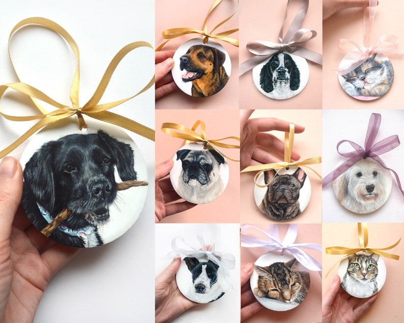 Custom Hand Painted Custom Ornament Personalised Bespoke Ceramic Pet bauble Pet Loss Memorial gift Holiday season Home Decor Heirloom Gold Satin