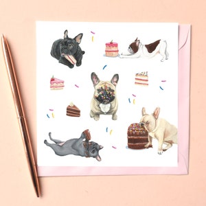 May include: A square greeting card featuring watercolor illustrations of French bulldogs in various poses interacting with cakes and colorful sprinkles. The dogs are black, fawn, and cream colored, surrounded by slices of cake and scattered sprinkles.