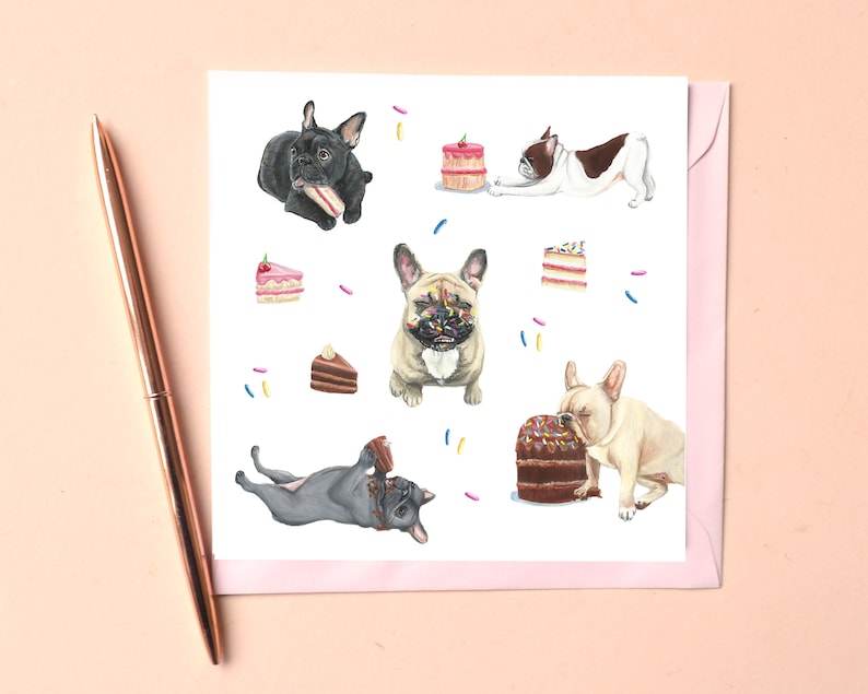 May include: A square greeting card featuring watercolor illustrations of French bulldogs in various poses interacting with cakes and colorful sprinkles. The dogs are black, fawn, and cream colored, surrounded by slices of cake and scattered sprinkles.