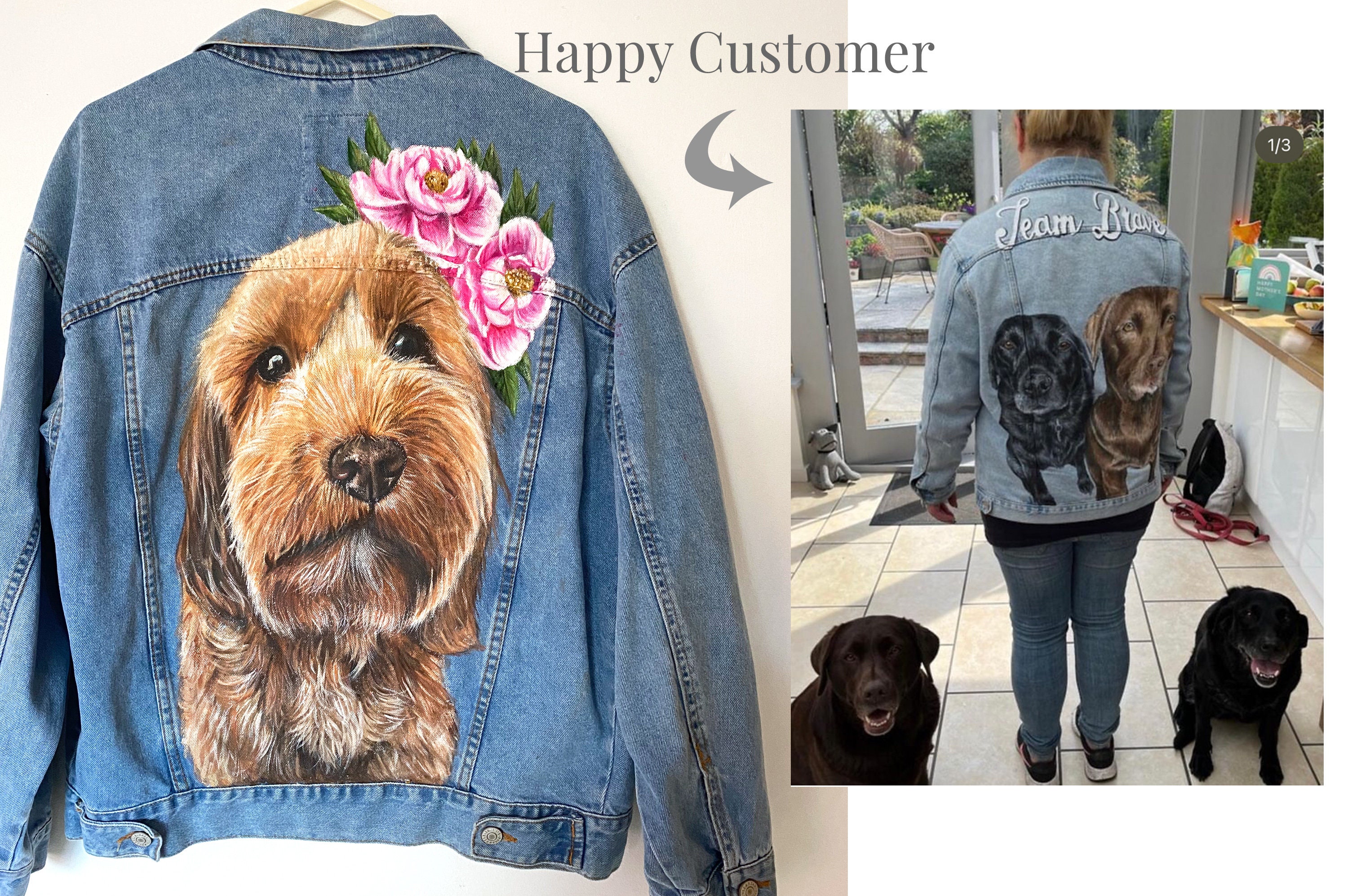 Pet Portrait Custom Denim Jacket- Hand-Painted vintage Adult denim jean Jacket- Paint from photo personalised painted pet design