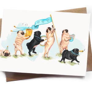 Carte de fanfare d'anniversaire de carlin - carte de célébration de chien carte de carlin drôle - illustration de carlin fauve et noir carte d'amour carte de voeux carlin