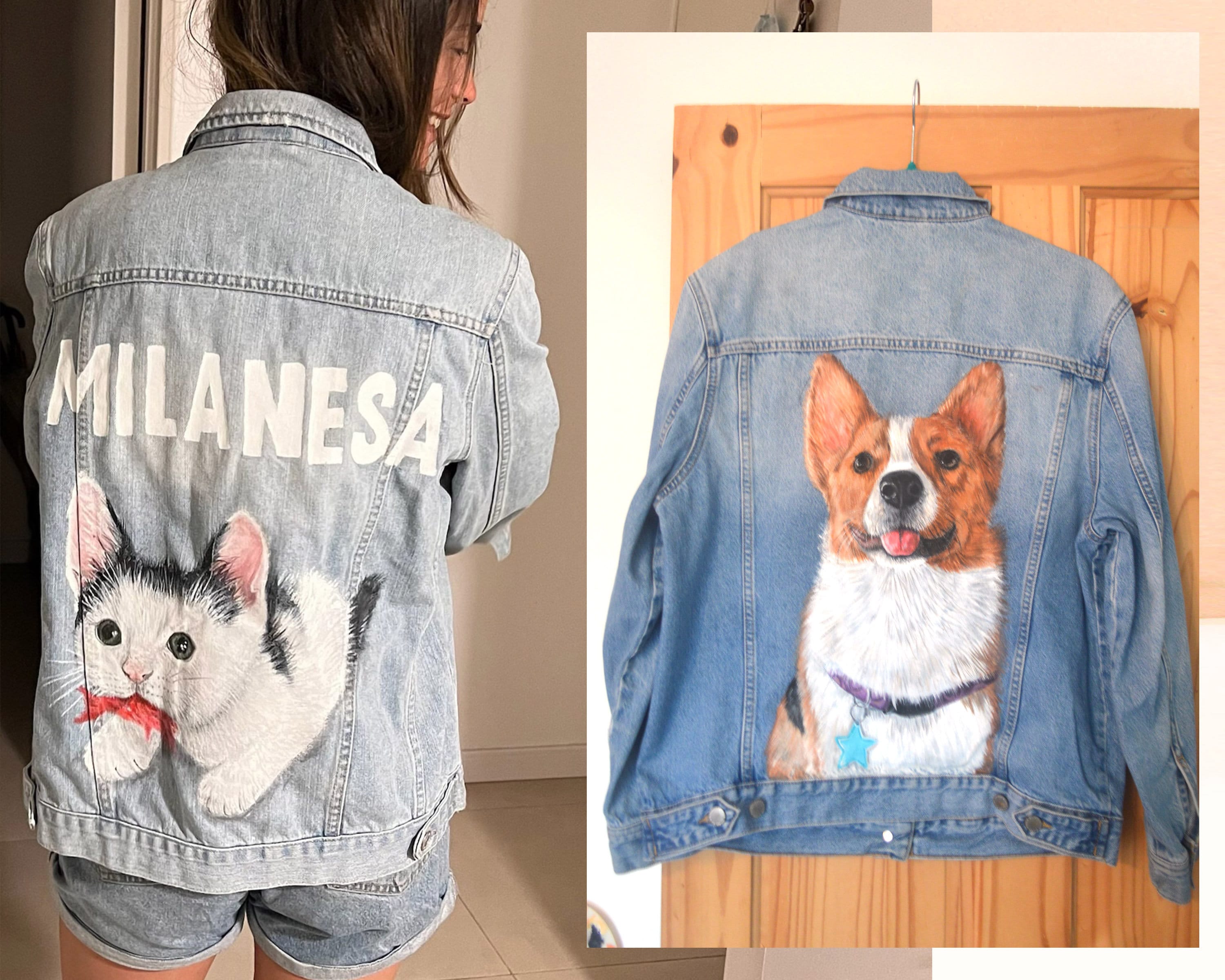 Pet Portrait Custom Denim Jacket- Hand-Painted vintage Adult denim jean Jacket- Paint from photo personalised painted pet design