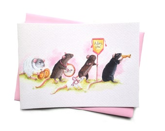 Rat Marching Parade "Adore You" card | Funny rats anniversary card | Unique artisan card for loved one| rodents cottagecore greetings card