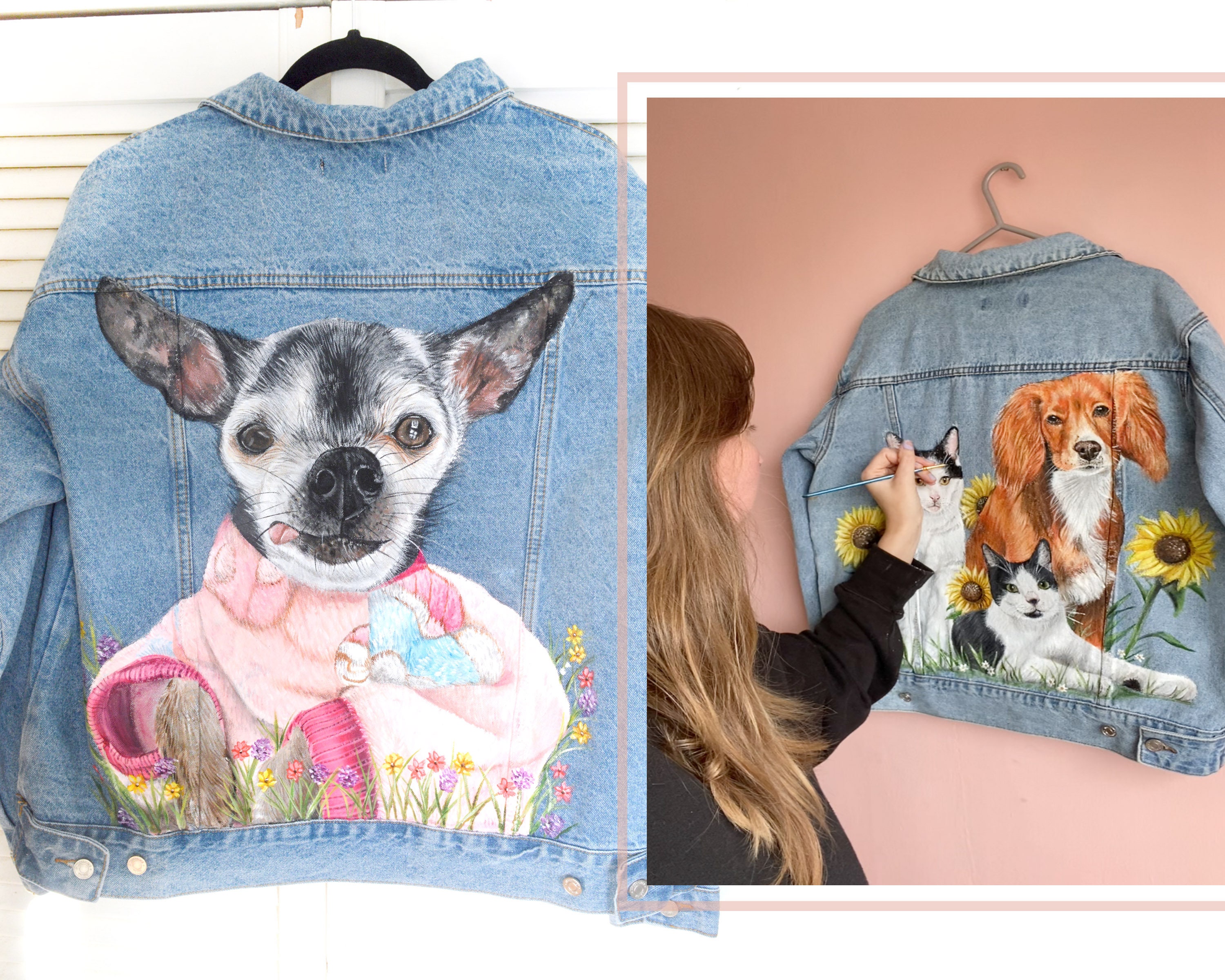 Pet Portrait Custom Denim Jacket- Hand-Painted vintage Adult denim jean Jacket- Paint from photo personalised painted pet design