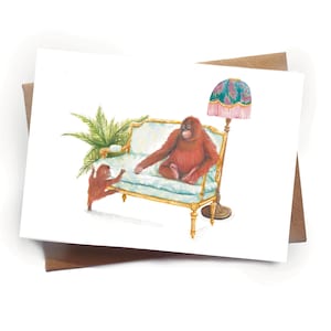 Orangutan & baby Greetings card- All Occasion Hand-painted illustrated Birthday - Funny Orangutan Vintage furniture recycled card