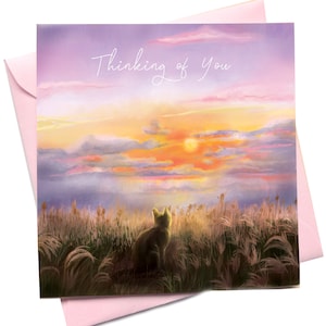 Carte de voeux de chat Thinking of you - Vous me manquez, sympathie pour animal de compagnie, carte de deuil - carte pont arc-en-ciel - peinture ciel coucher de soleil