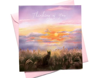 Thinking of You Cat Greetings Card- Missing You Sympathy Pet Sympathy Grief Card- Card Rainbow bridge - sun set sky painting