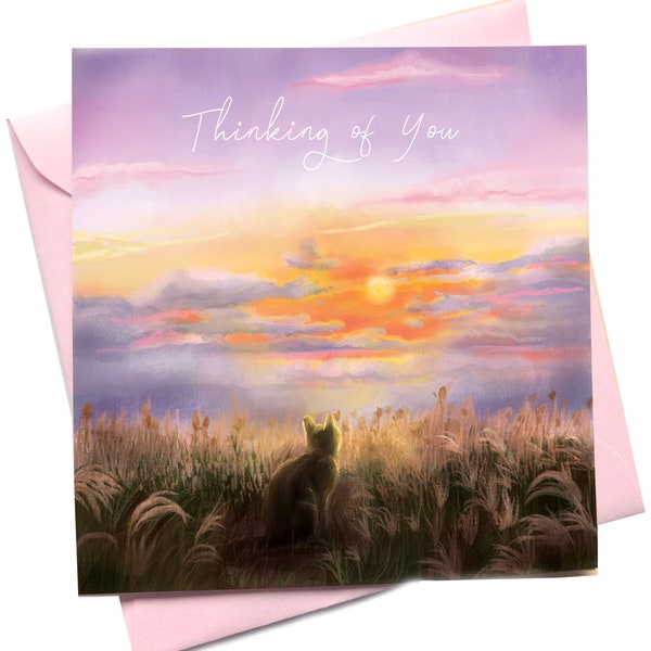 Thinking of You Cat Greetings Card- Missing You Sympathy Pet Sympathy Grief Card- Card Rainbow bridge - sun set sky painting