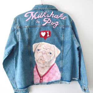 Pet Portrait Custom Denim Jacket- Hand-Painted vintage Adult denim jean Jacket- Paint from photo personalised painted pet design