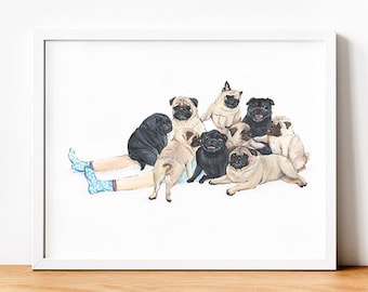 Funny Pug print anti- depressant humour dog lover gift signed A4 Bedroom living room nursery print Limited Edition Dog Poster Wall Art pugs