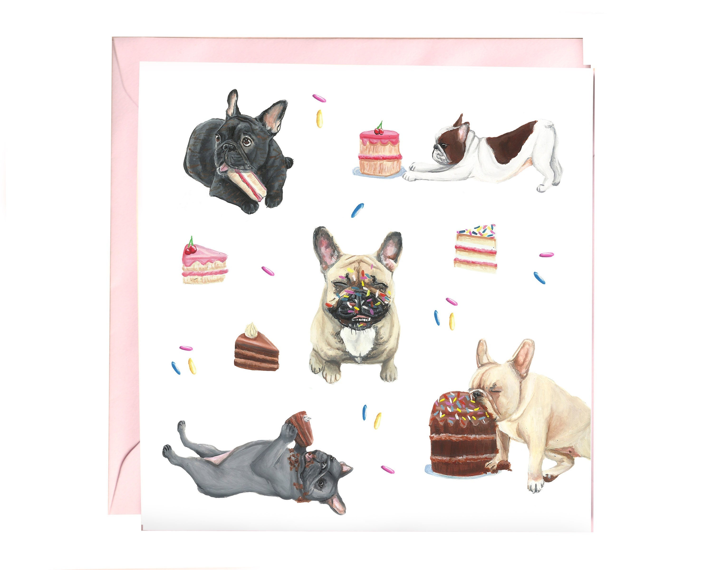 Funny French Bulldog Birthday Card: Cake Eating Dog Illustration