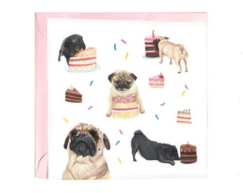 Pug Birthday Cake Card: Hand-Painted Dog Celebration