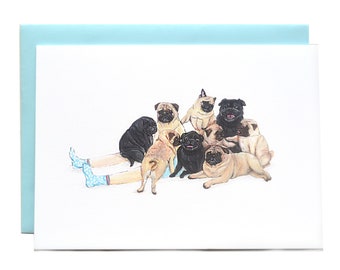 Pug Pile -Anti depression art greetings card- Fawn pugs & Black pug funny card birthday- Hand-painted illustrations humorous card