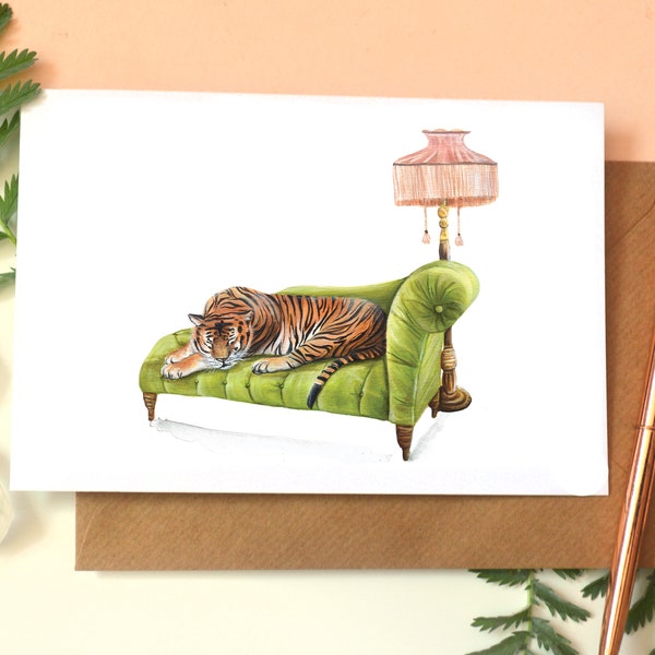 Sleeping Tiger Cute Birthday- Eco Friendly All Occasion Greetings card Hand-painted illustrated celebration Vintage furniture recycled card