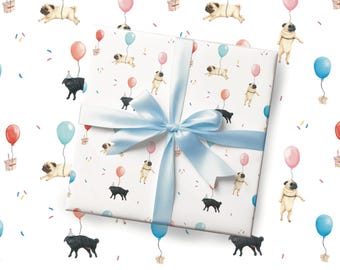 Pug Birthday Wrapping Paper: Funny Gift Wrap Sheets, Recycled Paper