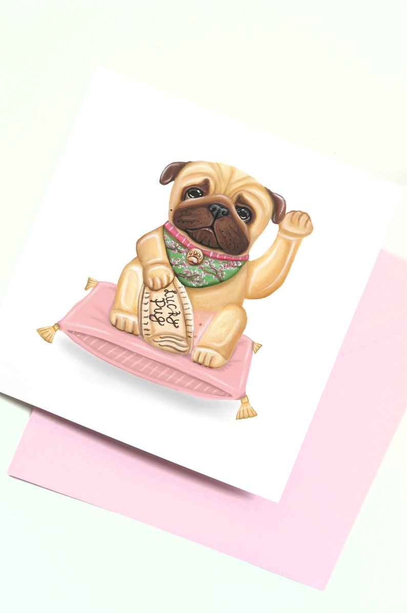 Encouraging Card Wishing Luck Kawaii Maneki Neko New Job Good Luck Pug Card Lucky Pug Blank Greetings Card Japanese Lucky Waving Cat Dog