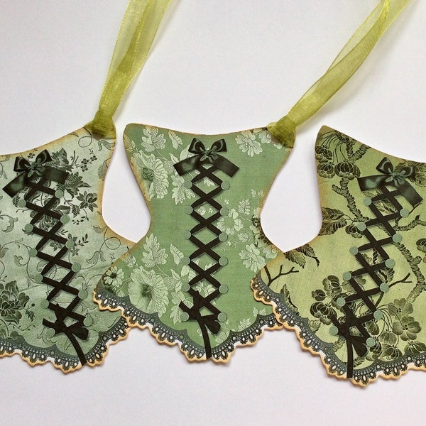 SILK DAMASK CORSETS, hand cut, basque, corsetry, bustier themed shaped tags, green, French silk effect vintage lingerie gift tags, steampunk