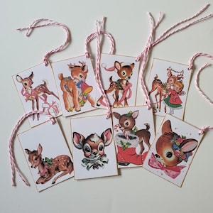 JOYEUX NOL, CHEVREUIL ! Étiquettes de Noël de style rétro, années 50, 60, 70, étiquette de faon de cerf, étiquettes rétro de cerf mignon pour enfants, renne de style vintage