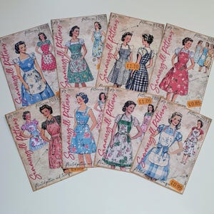 MY VINTAGE PINNY, cartes postales de journalisation à plat sur le thème du tablier de style rétro, style patron de couture femme au foyer des années 40, éphémères de scrapbooking du milieu du siècle