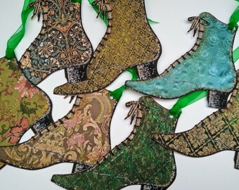 CHRISTMAS GREENS - Extra large - Christmas, boot shaped tags - Vintage style - Victorian - Brocade - Fashionista -  Hand cut - Unique design