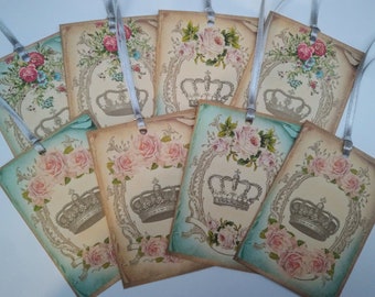 ROSE AND CROWN Tags - Regal tags - Crown tags - Royal jewels - Vintage tag - Baroque style - Rococo tags - Royal tags - Royal - Crown jewels