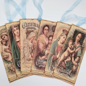 LA VIERGE, étiquettes de Noël Marie et Jésus sur le thème religieux, style biblique, étiquettes-cadeaux de Noël vintage, papiers éphémères de la naissance du Christ