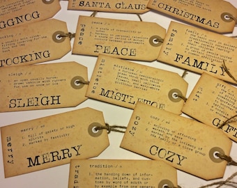 DEFINE CHRISTMAS, Christmas dictionary definition tag, luggage label style gift tags with Christmas words, vintage style festive season tags