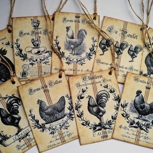 Étiquettes LE POULET - Poulets - Poules - Coq - Coq - Style campagnard français - Rustique - Prim - Ferme - Pâques vintage - Étiquettes d'arbre de Pâques