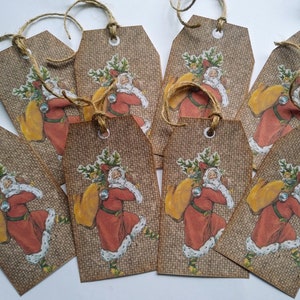 Étiquettes de Noël PÈRE NOËL RUSTIQUE - Père Noël vintage - Style traditionnel - Toile de jute - Style campagnard - Festif - Père Noël victorien - Nostalgie