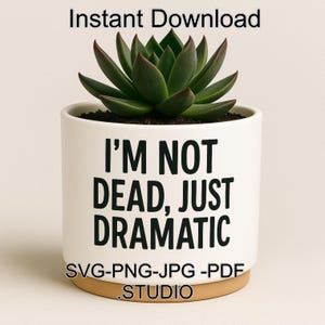 Pode incluir: Um vaso de cerâmica branco com uma planta suculenta. O vaso tem o texto "I'M NOT DEAD, JUST DRAMATIC" em preto. A base do vaso é de cor castanho claro. As palavras "Instant Download" e "SVG-PNG-JPG-PDF STUDIO" também são visíveis.