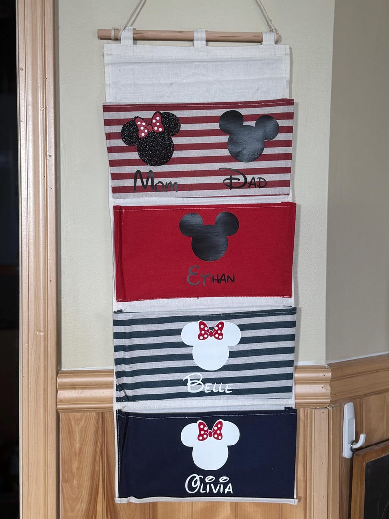 Pu&ograve; includere: Un organizzatore in tessuto da parete con cinque tasche. Ogni tasca &egrave; realizzata in tessuto di colore diverso con un design di Topolino o Minnie Mouse e un nome sotto. I nomi sono "Mamma", "Pap&agrave;", "Ethan", "Belle" e "Olivia".