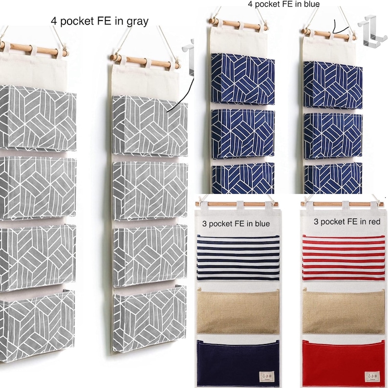 Pu&ograve; includere: Quattro organizzatori da parete a tre tasche con motivi geometrici, due grigi, due blu e due set di tre. Gli organizzatori sono in tessuto e hanno un bastoncino di legno nella parte superiore per appendere.