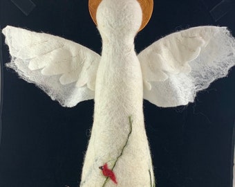 Winter Angel with cardinals, Wet and needle felted sculpture