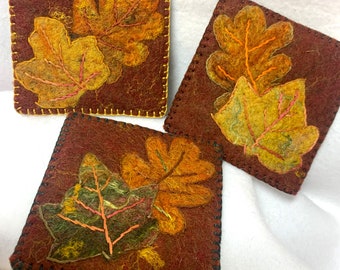 Wet & Needle felted Fall Leaf Coasters, embroidered, set of 6