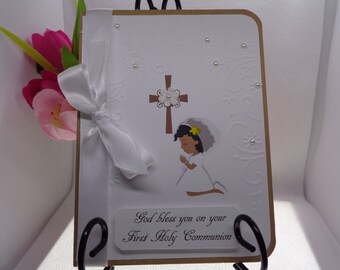 Personalized First Holy Communion Card, Choice of skin and Hair Color, Religious Event, greeting card, handmade, embossed