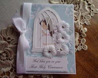 Personalized First Holy Communion Card, Choice of Skin and Hair Color, Religious Event, 3 dimensional, church window, handmade flowers