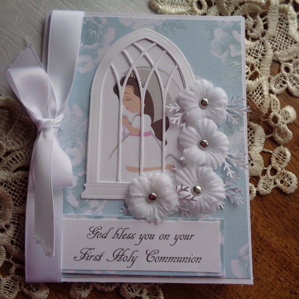 Personalized First Holy Communion Card, Choice of Skin and Hair Color, Religious Event, 3 dimensional, church window, handmade flowers