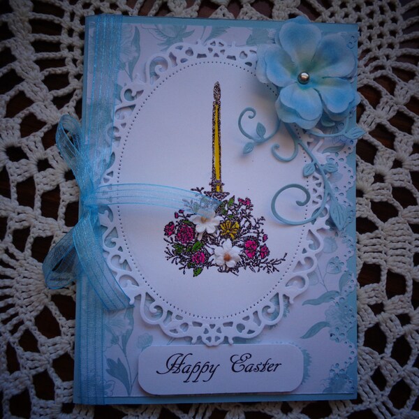 Easter Card, Religious Holiday, 3 Dimensional, Silk Flower, Hand Stamped, Greeting Card, Handmade