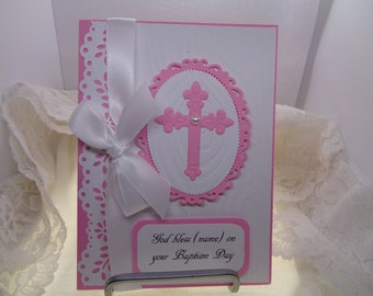 Personalized Baptism Card, Christening Card, Religious Event, New baby girl, 3  dimensional, cross, embossed, greeting card, handmade